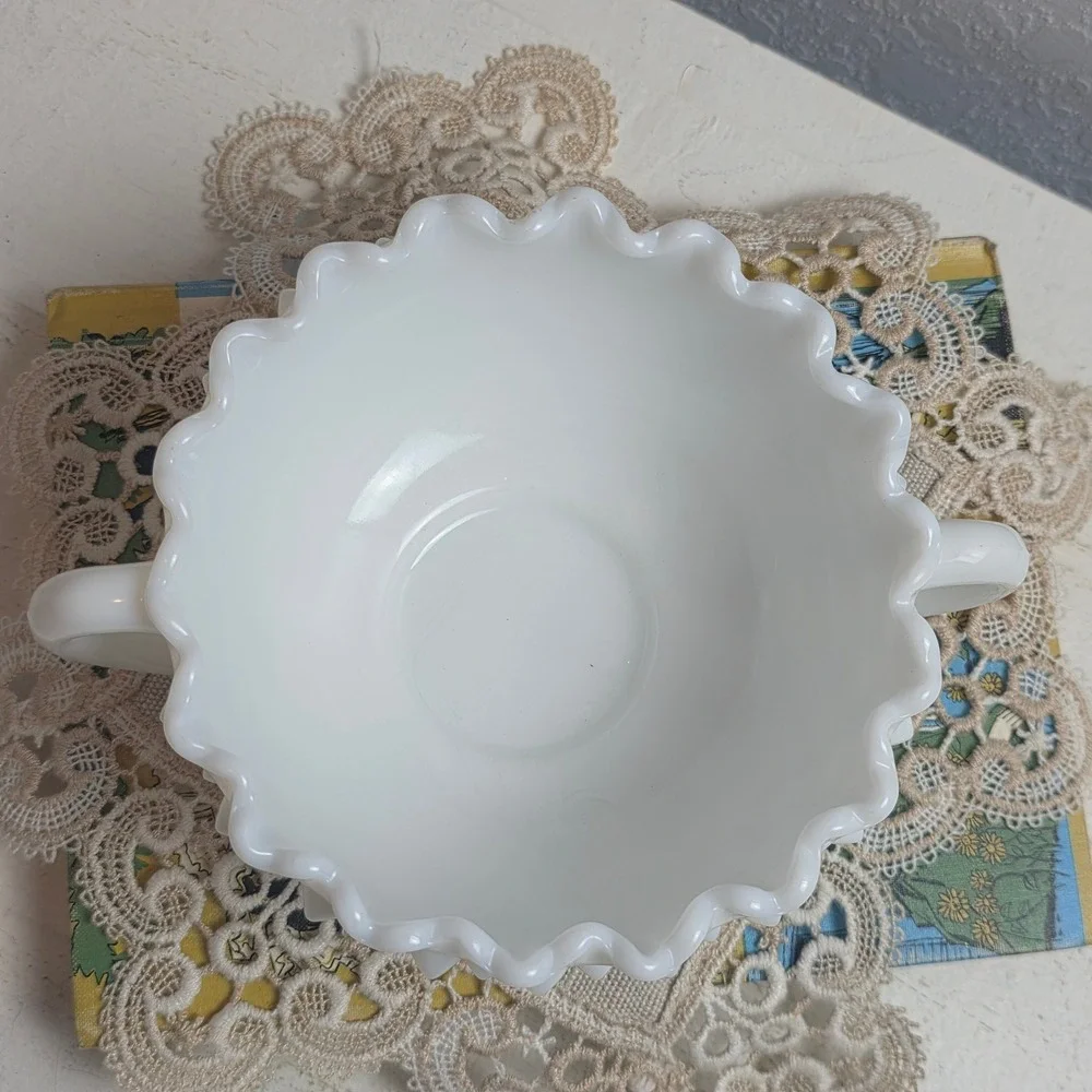 Vintage Fenton Milk Glass Hobnail Candy‎ Dish Double Handled Crimped Edge